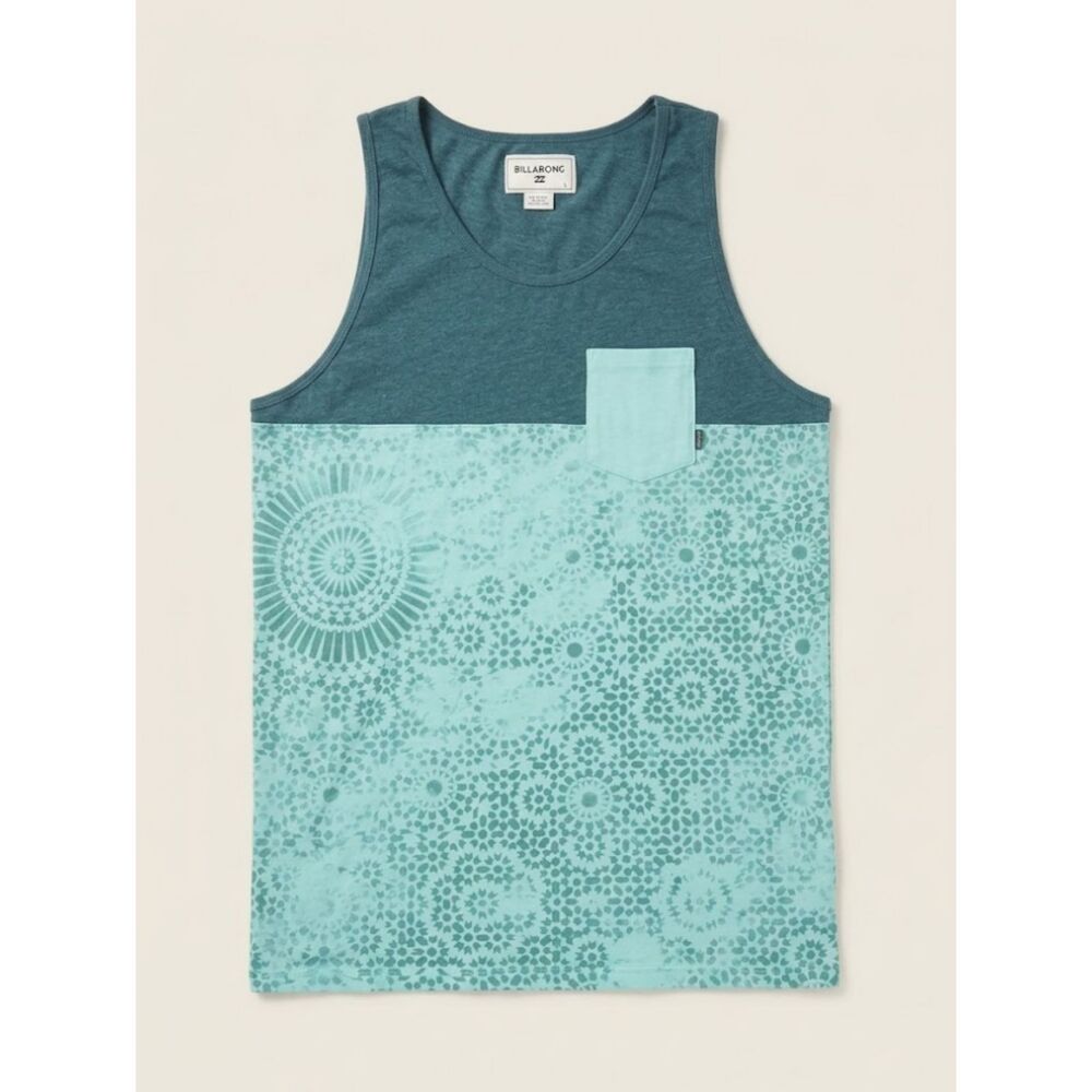 Billabong Tank Top Mens L Aqua Blue Medallion Print Pocket Sleeveless Surf Tee